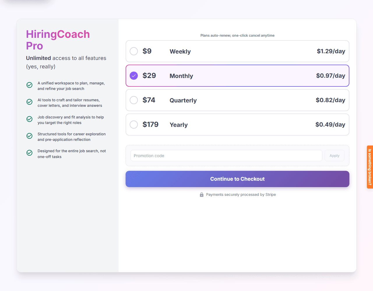 The HiringCoach Pro plan picker showing the weekly, monthly, quarterly and yearly options with the monthly plan selected.
