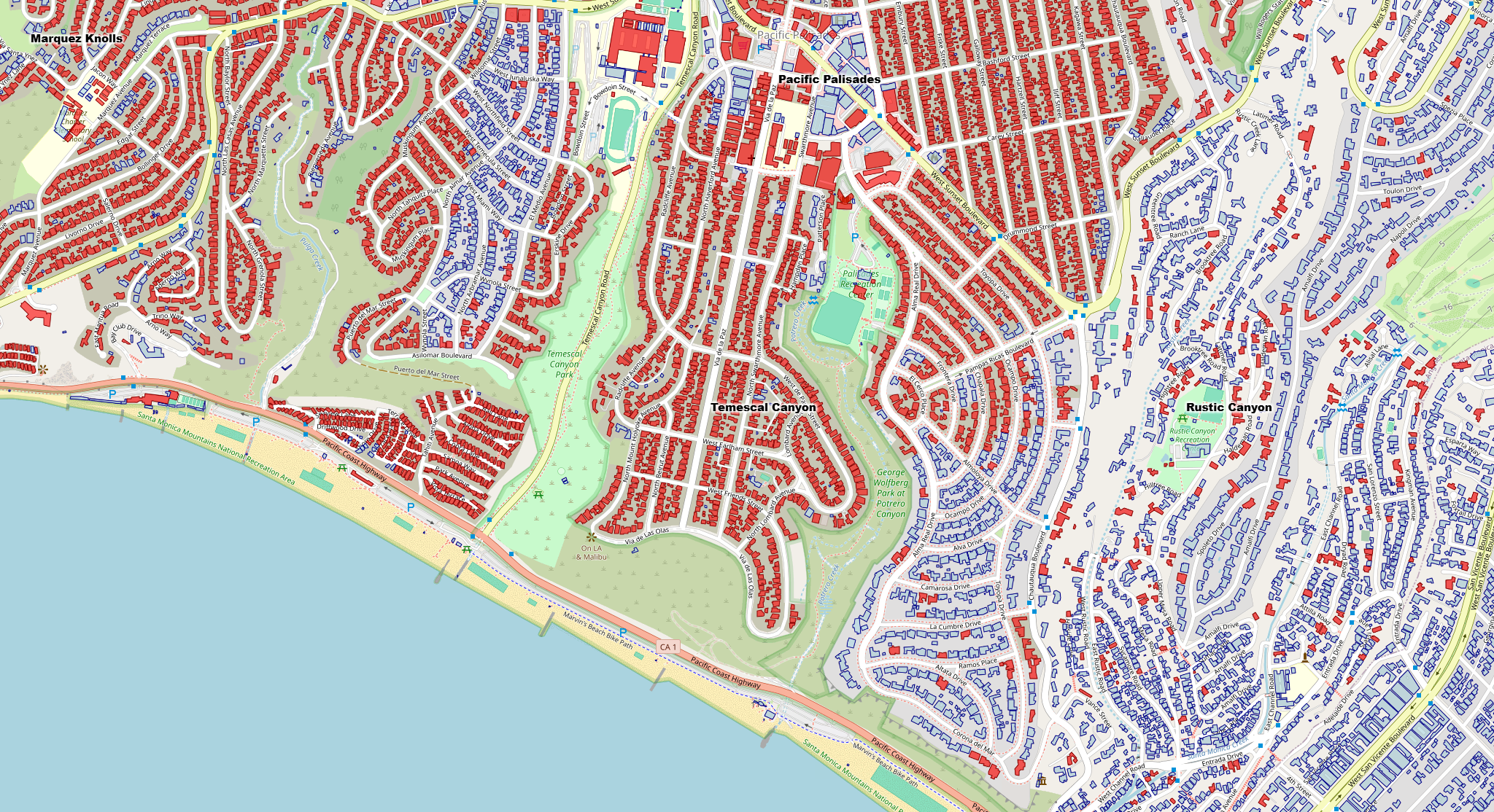 AI-generated Palisades damage map visualization with neighborhood labels