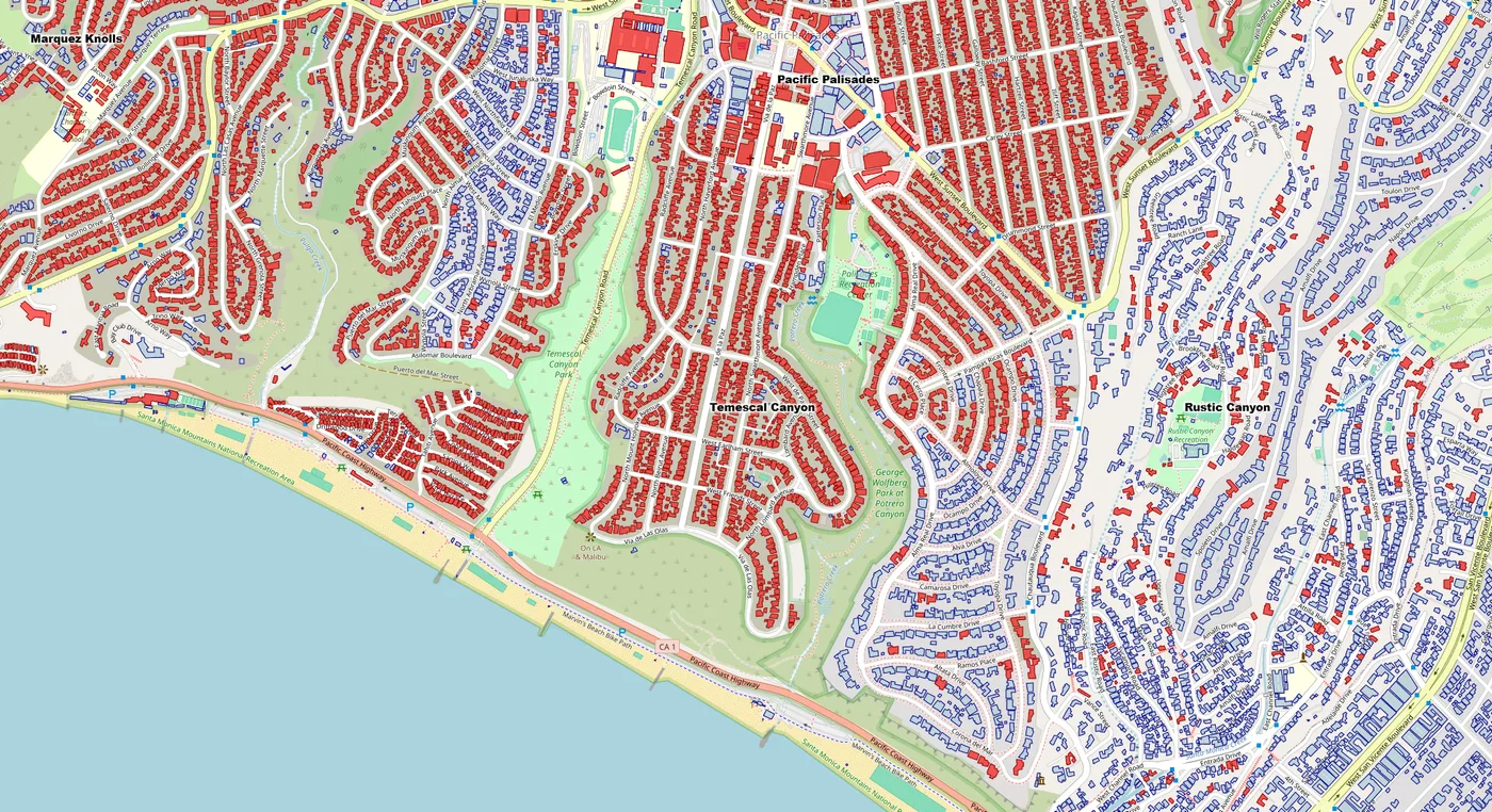 AI-generated Palisades damage map visualization with neighborhood labels