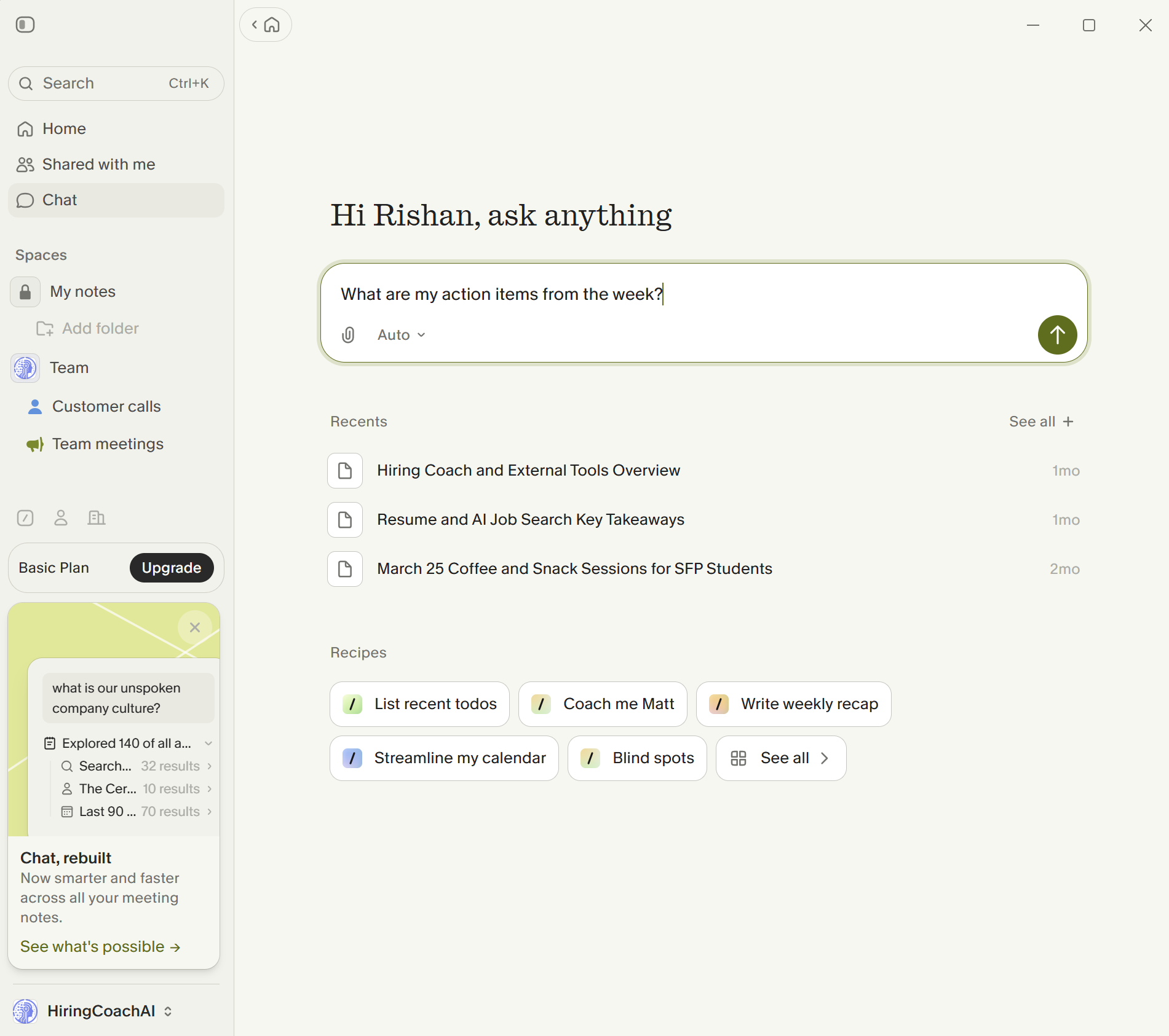 Granola AI notetaker chat interface for asking about meeting action items