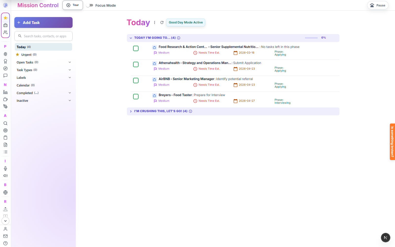 HiringCoach Mission Control task dashboard