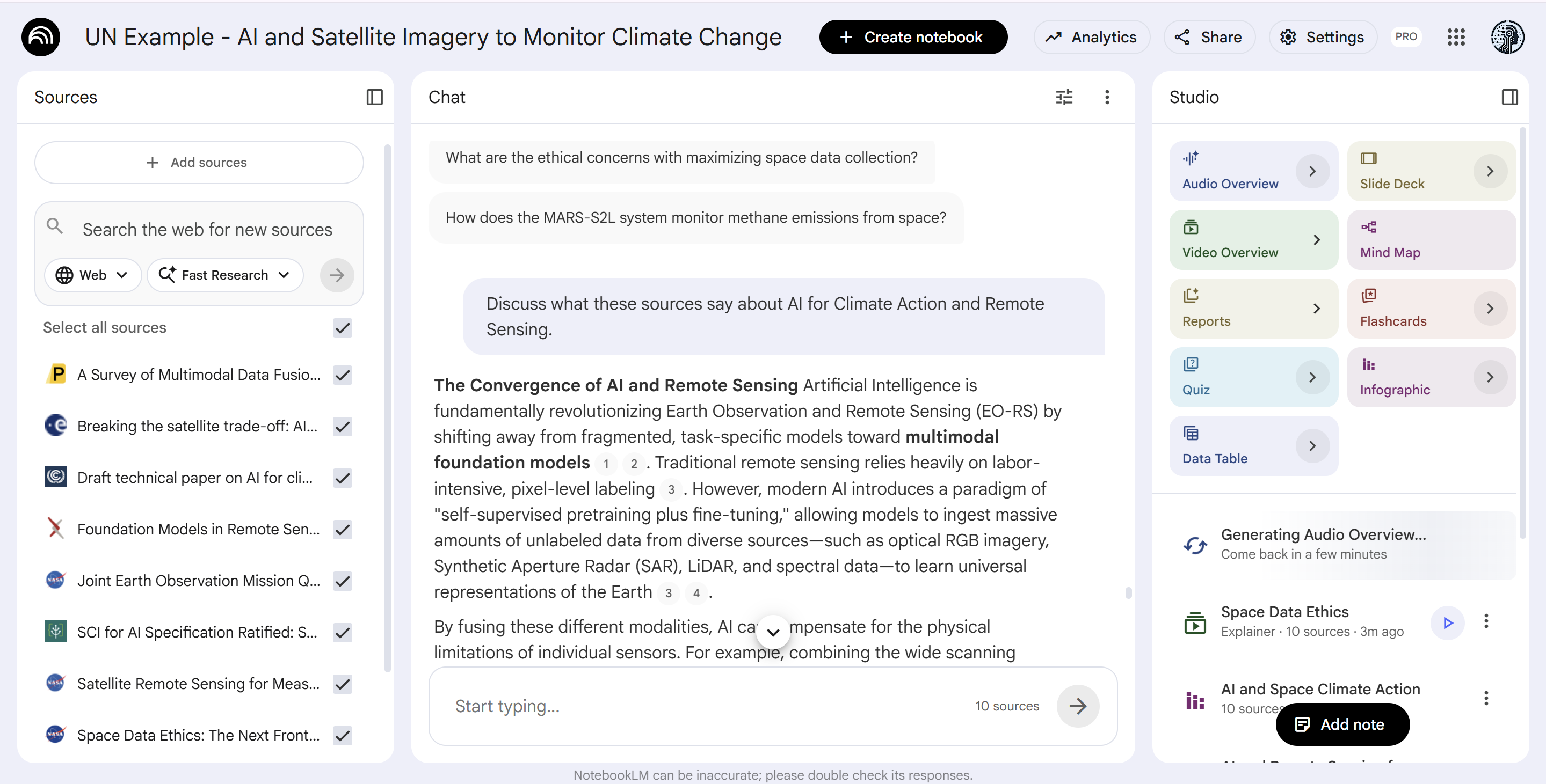 NotebookLM example notebook for AI and satellite imagery to monitor climate change