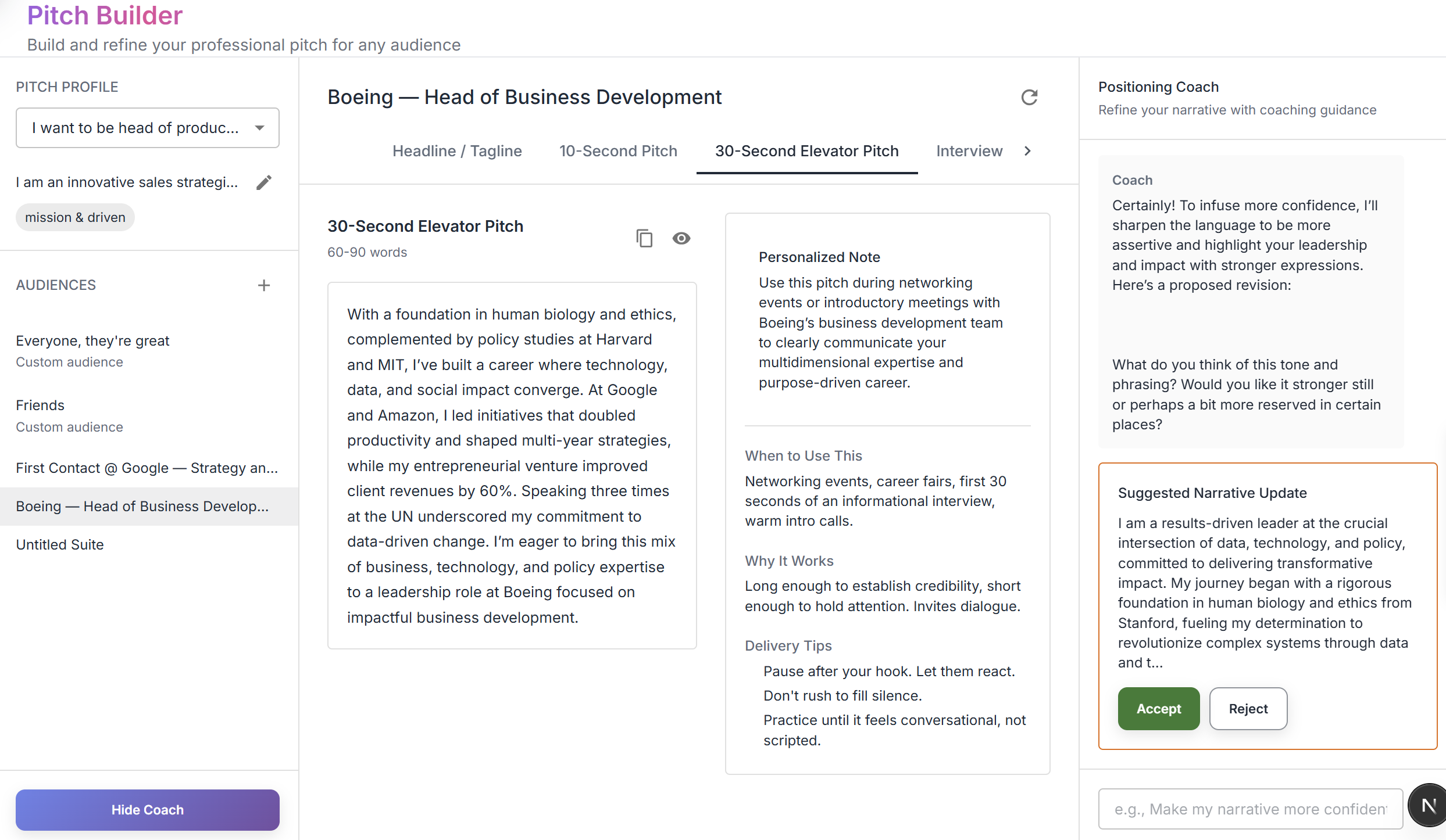 HiringCoach Pitch Builder with a 30-second elevator pitch and positioning coach