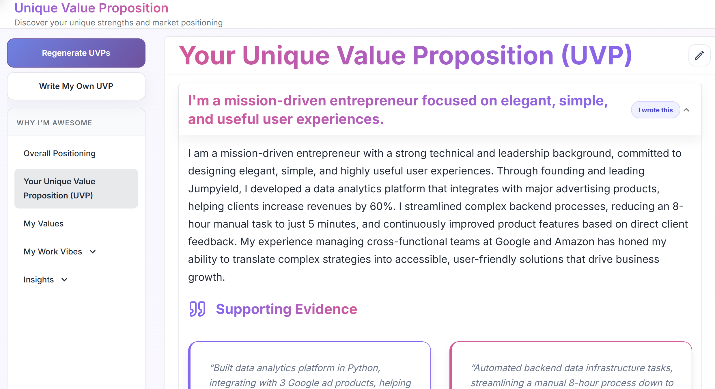 HiringCoach Unique Value Proposition tool showing generated positioning statements