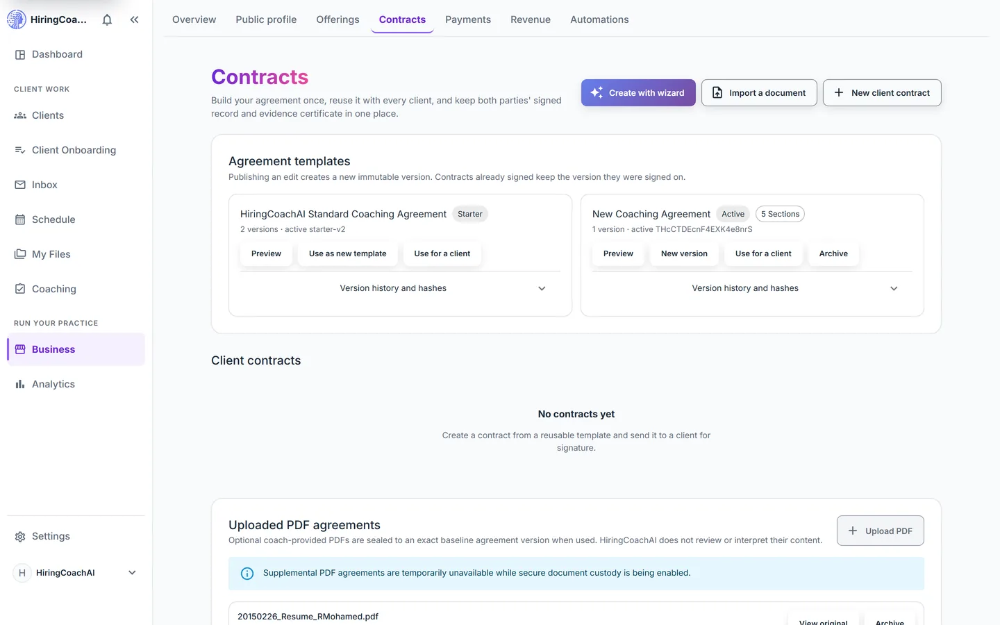 Contracts hub with an agreement template library above client contracts grouped by status