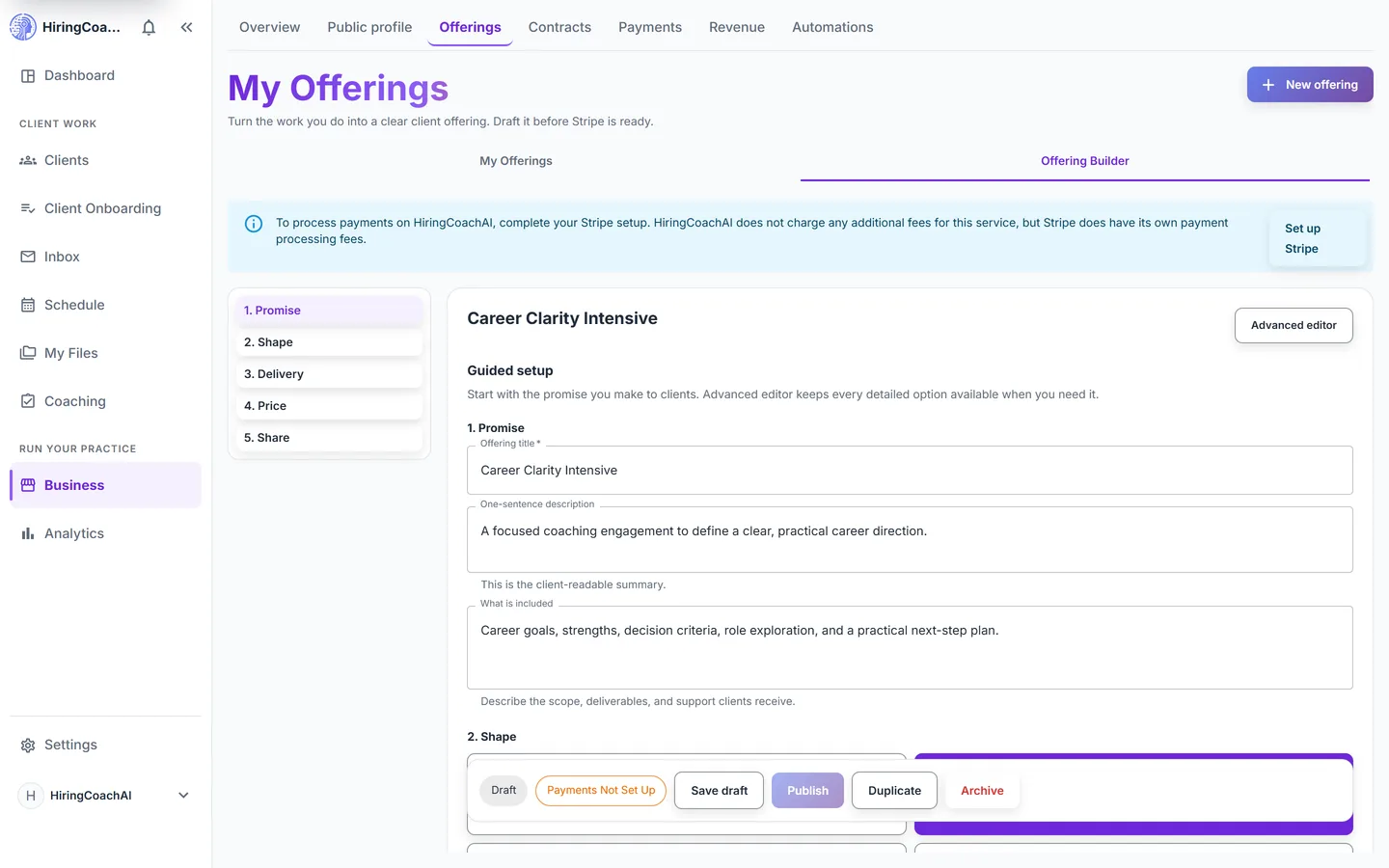 Offering builder with its five guided steps beside a draft offer named Career Clarity Intensive