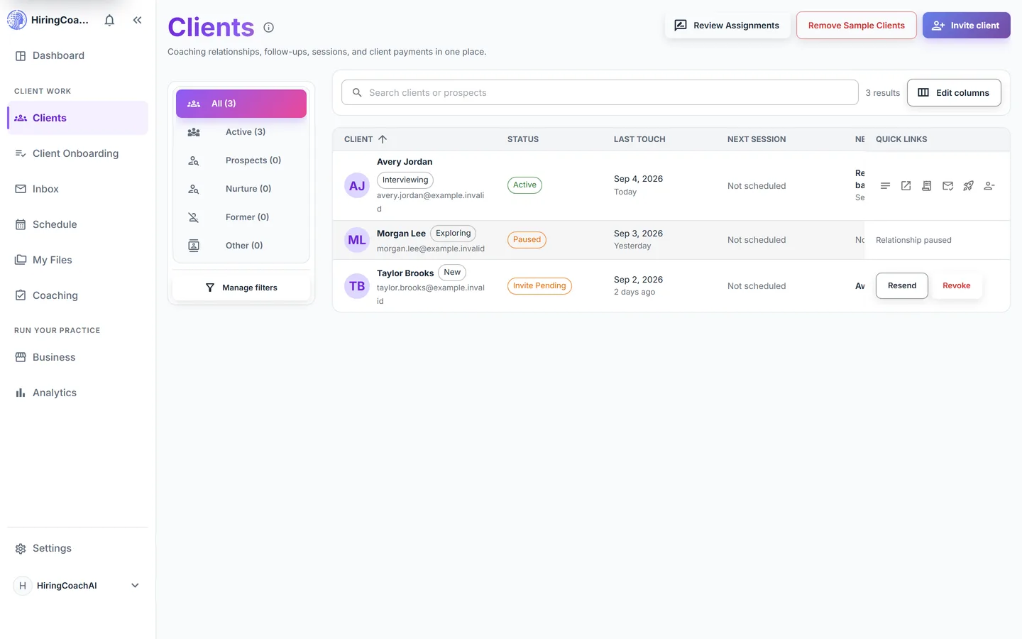 Coach client list with a left rail of All, Active, Prospects, Nurture, Former and Other views