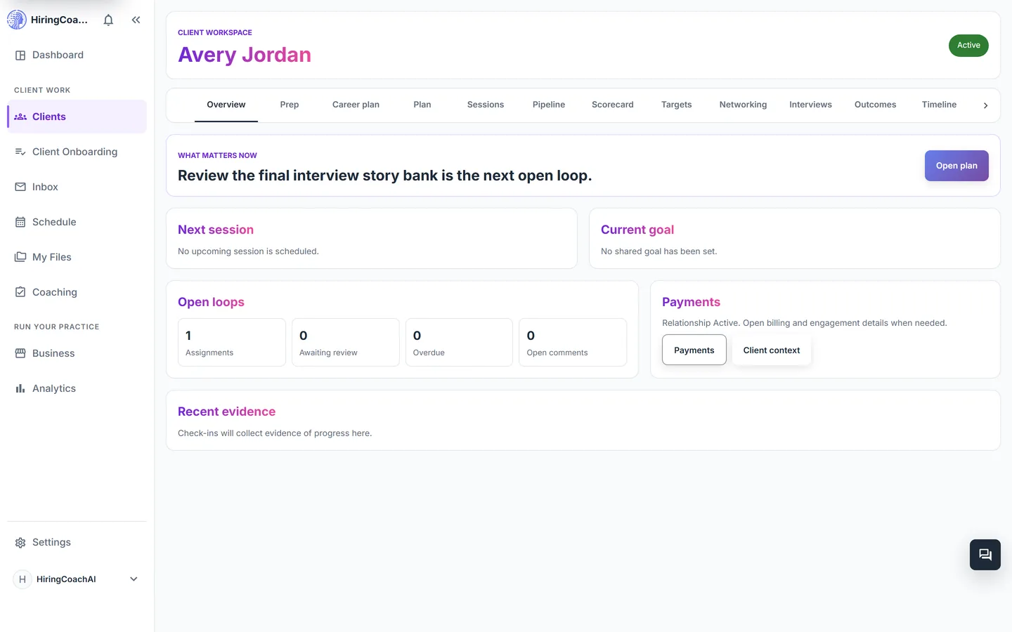Client workspace overview tab with a next session card, a current goal card and open loop metrics