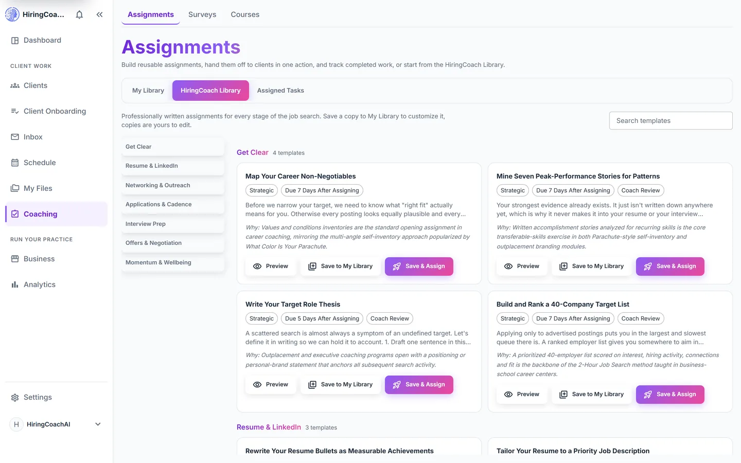 Assignment template library with template cards and preview, edit, duplicate and assign actions