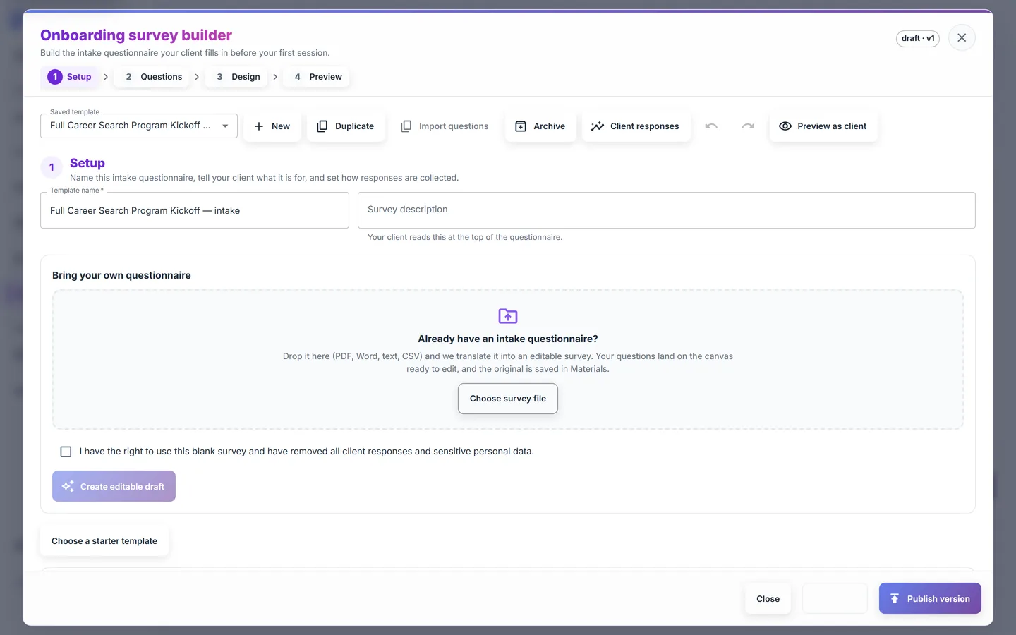 Onboarding survey builder with a question list beside an import dropzone for an existing questionnaire