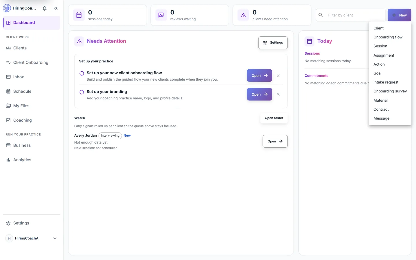 Dashboard New button with its create menu open, listing client, onboarding flow, session and more