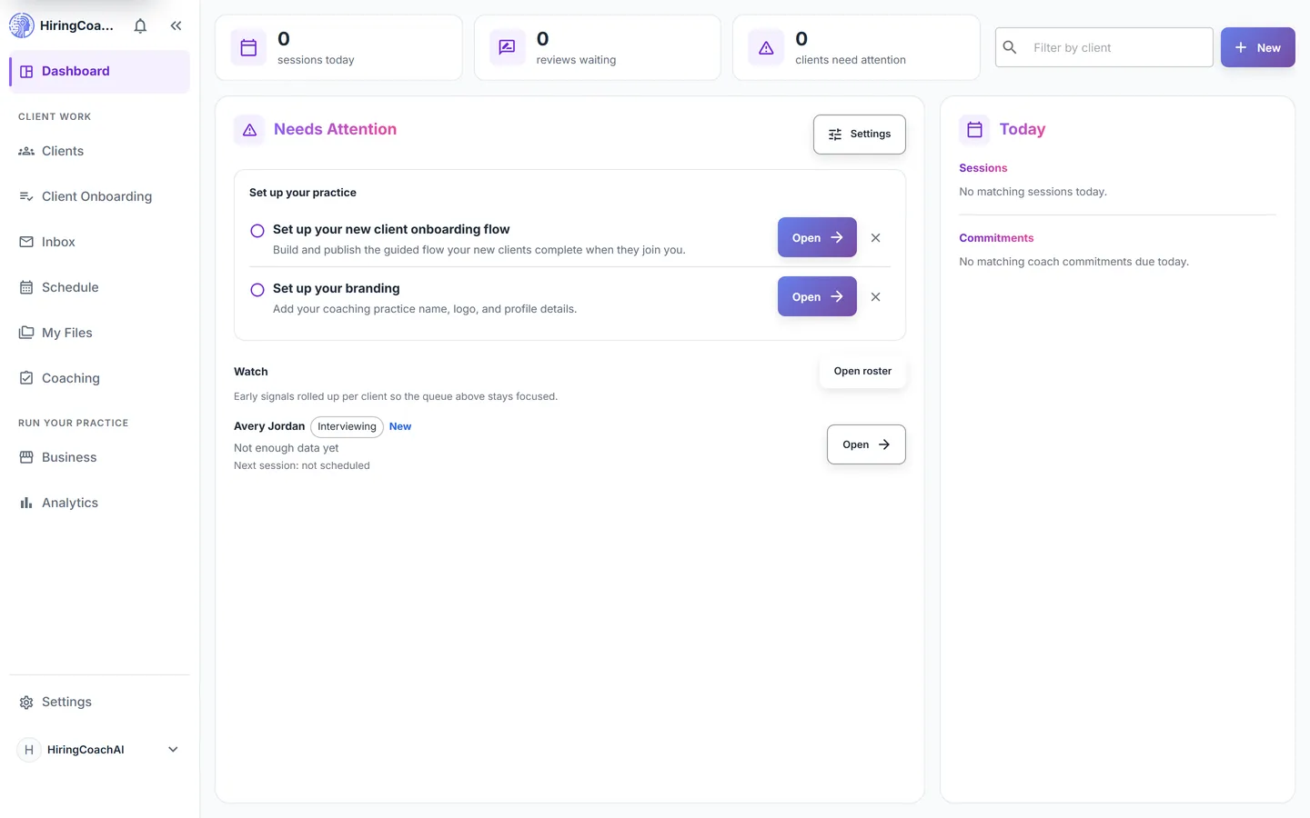 Coach dashboard with three summary tiles above a Needs Attention queue and a Today panel