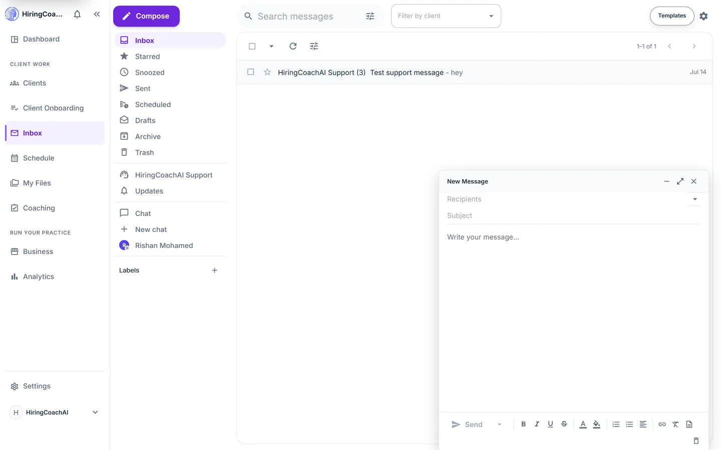 Coach inbox with mailbox folders on the left and a new message composer open over the thread list