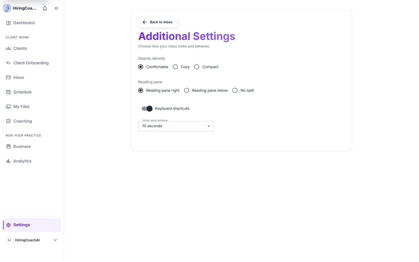 Inbox settings page with reading pane, density, keyboard shortcut and undo send window controls