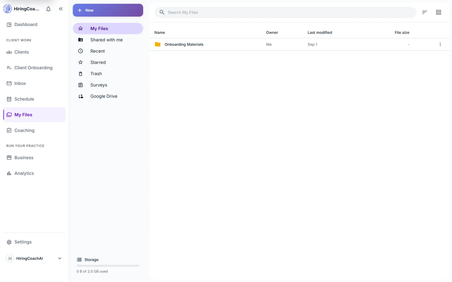 My Files workspace with the file navigation rail, a materials folder in the list and the storage quota bar