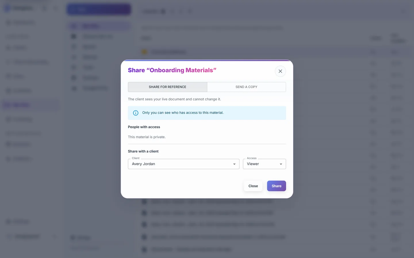Share dialog for a material with a choice between sharing for reference and sending a copy