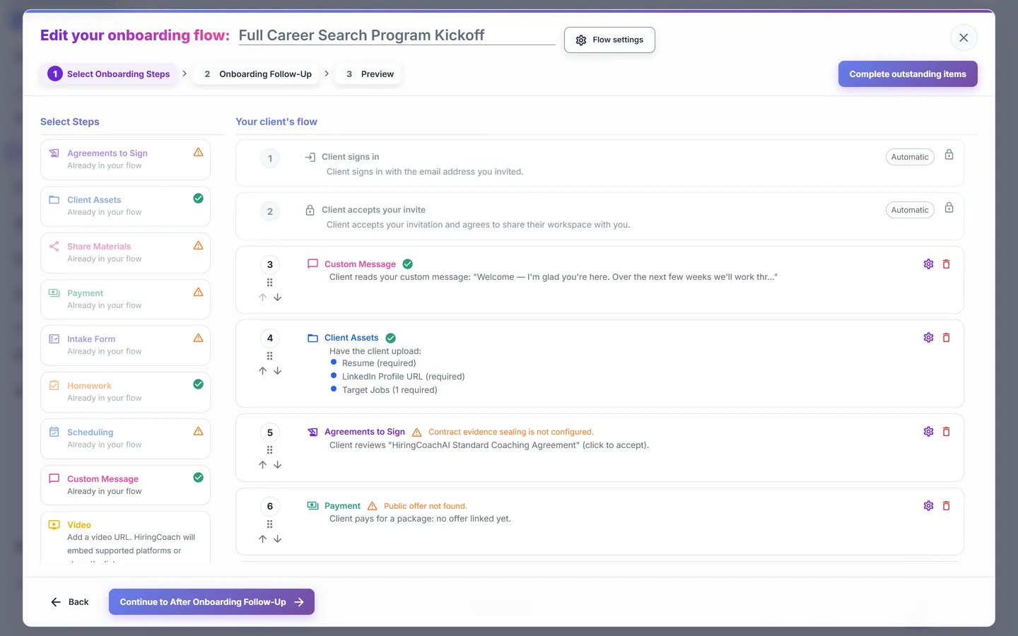 Onboarding flow builder canvas with sequenced steps beside a step configuration panel