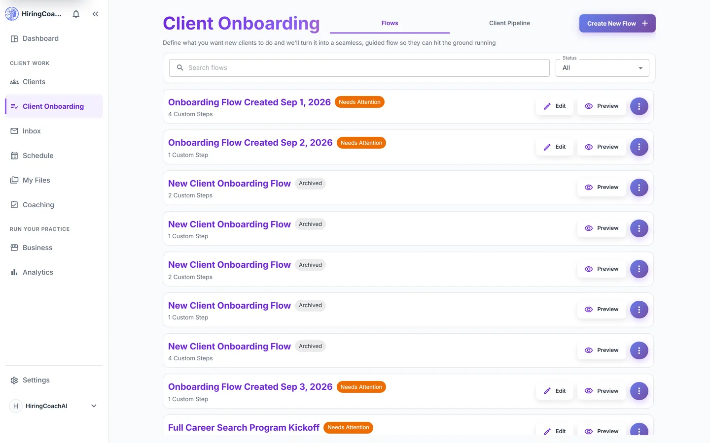 Onboarding flow list with status chips for needs attention, active and archived flows