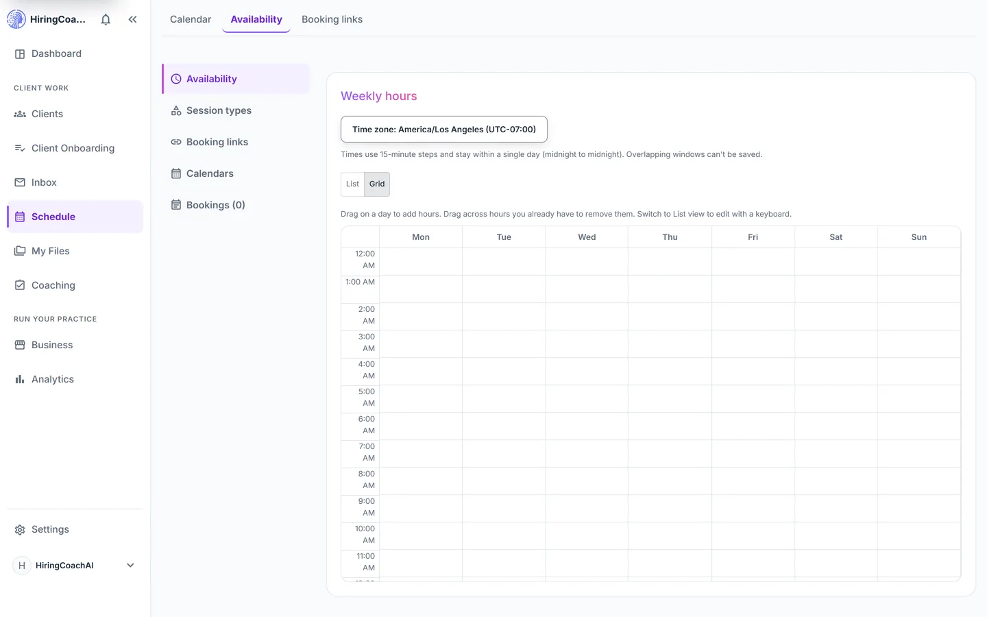 Availability settings with a weekly hours grid, date overrides, booking notice and buffer fields