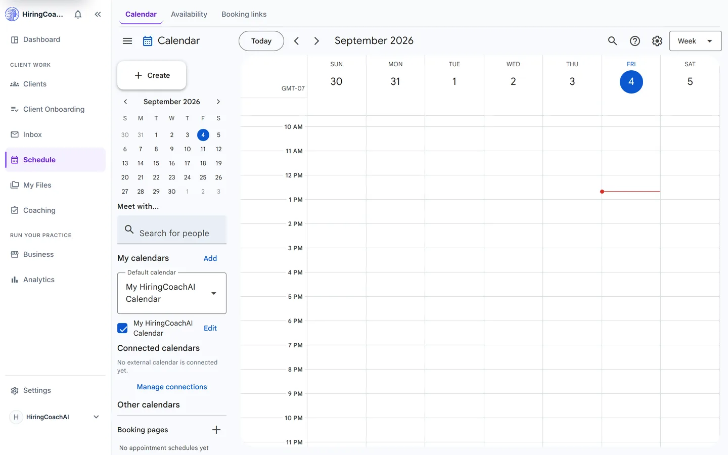 Coach calendar in week view with the mini month, the calendar list and the time grid for the current week