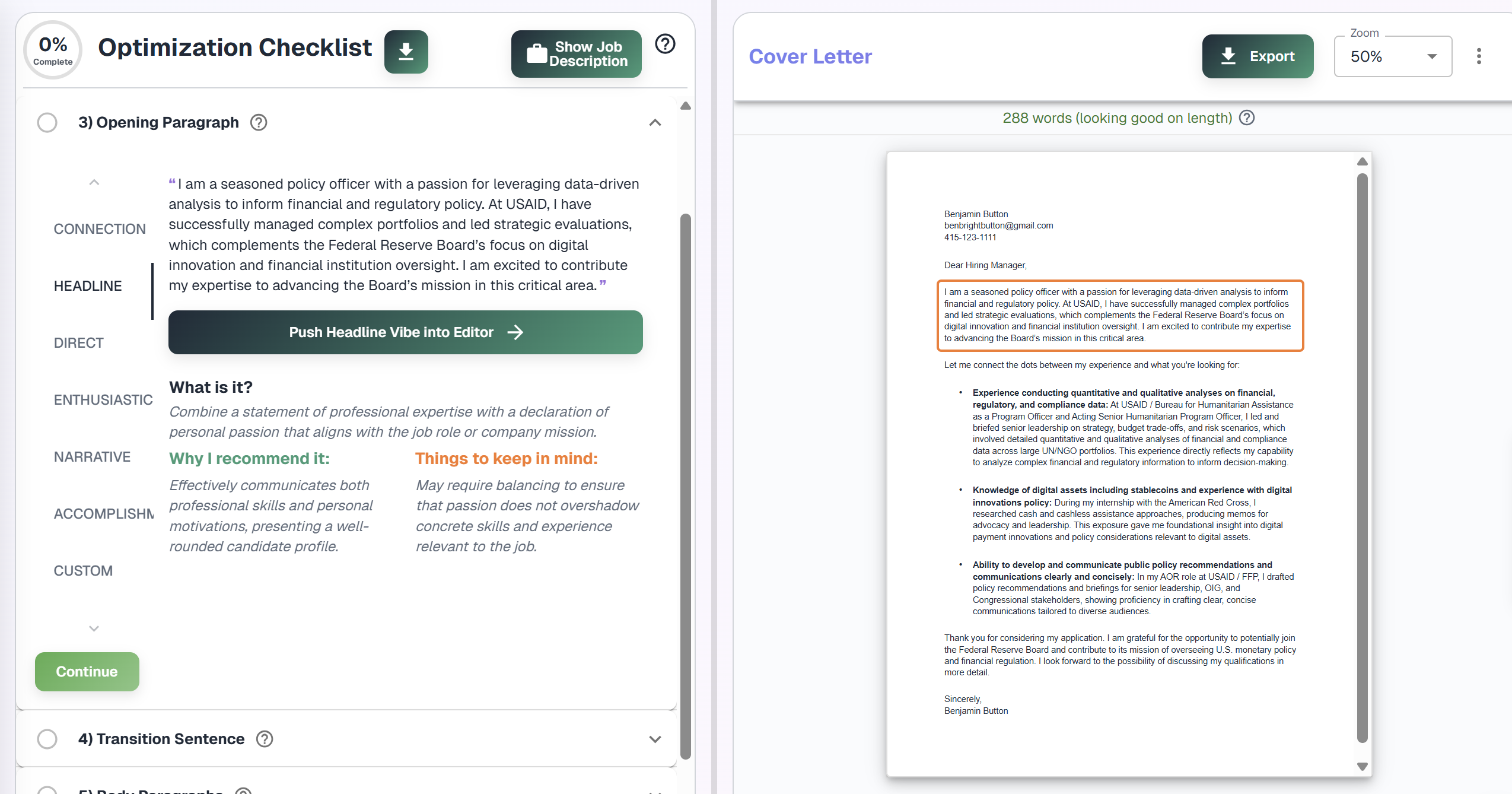 HiringCoach cover letter generator interface