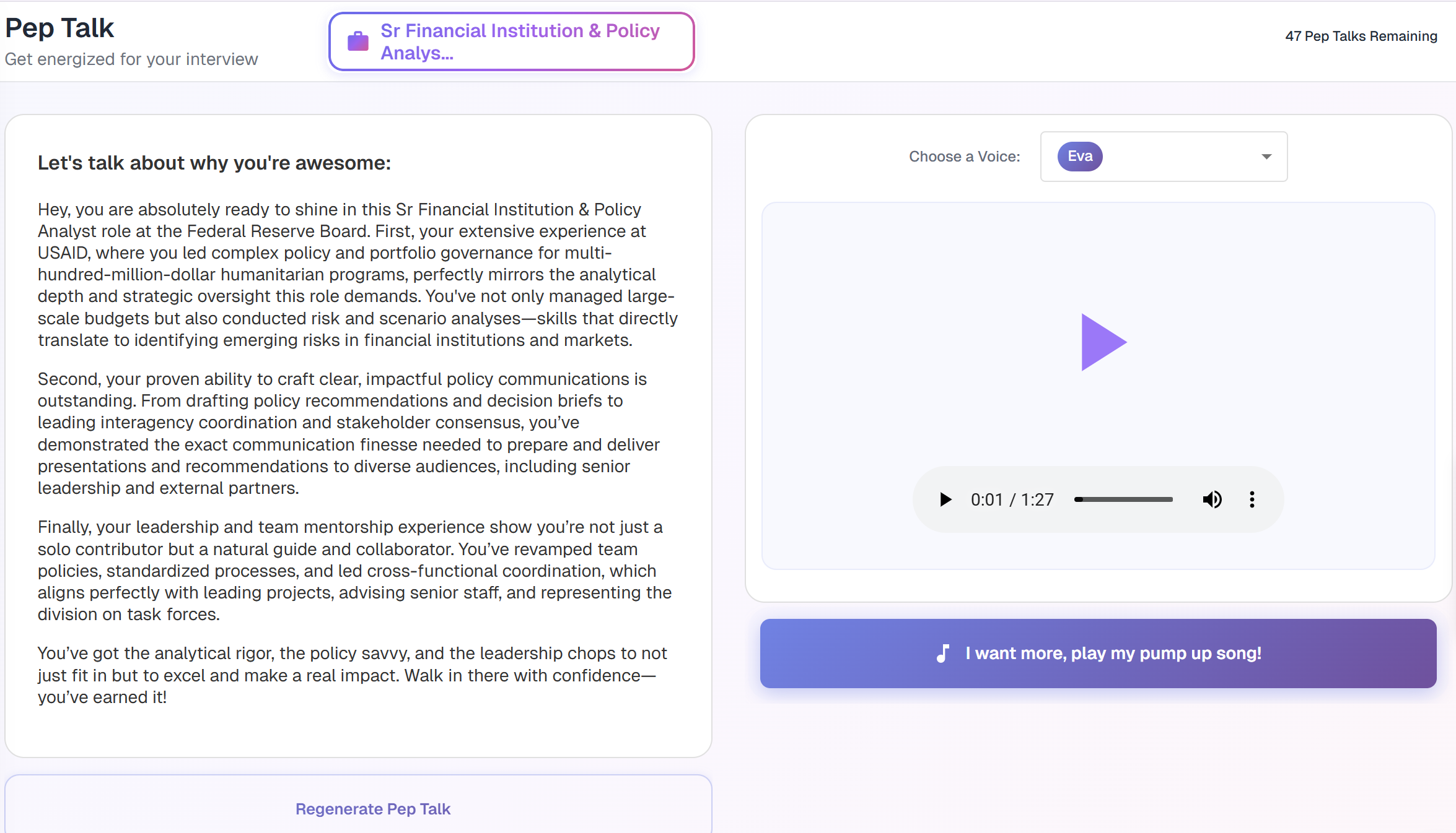 HiringCoach pep talk feature interface