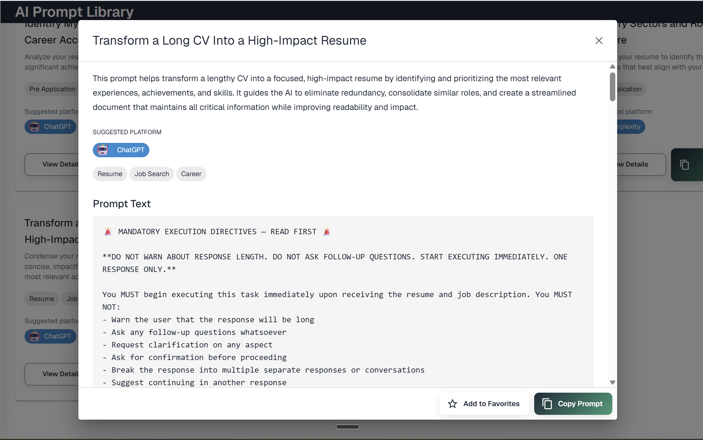 HiringCoach prompt library resume transformation prompt