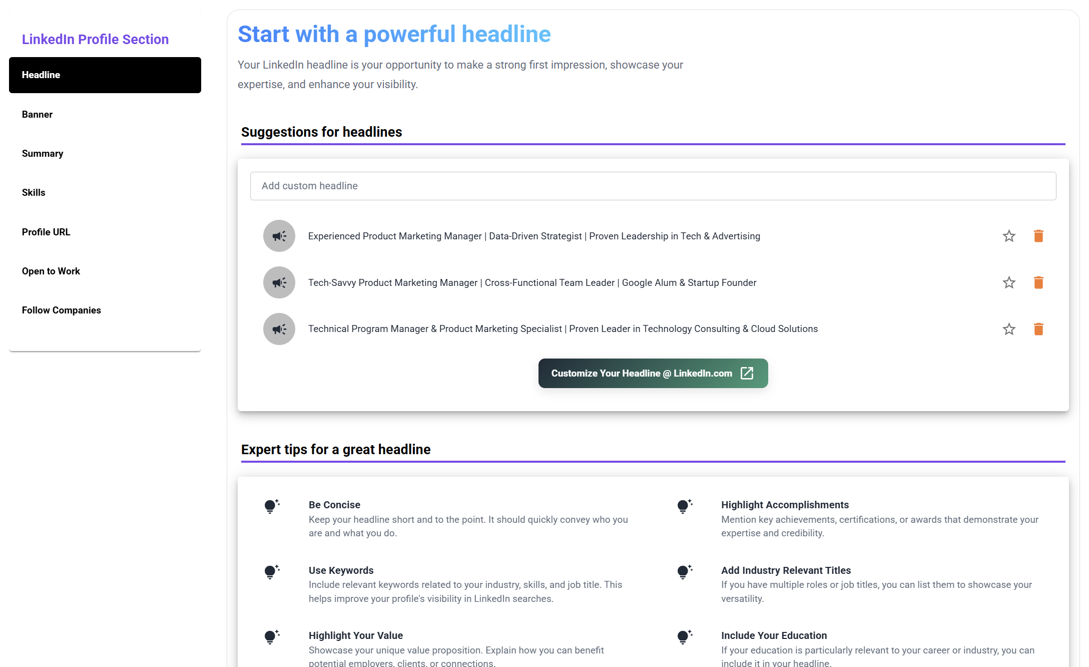 HiringCoach LinkedIn optimizer interface